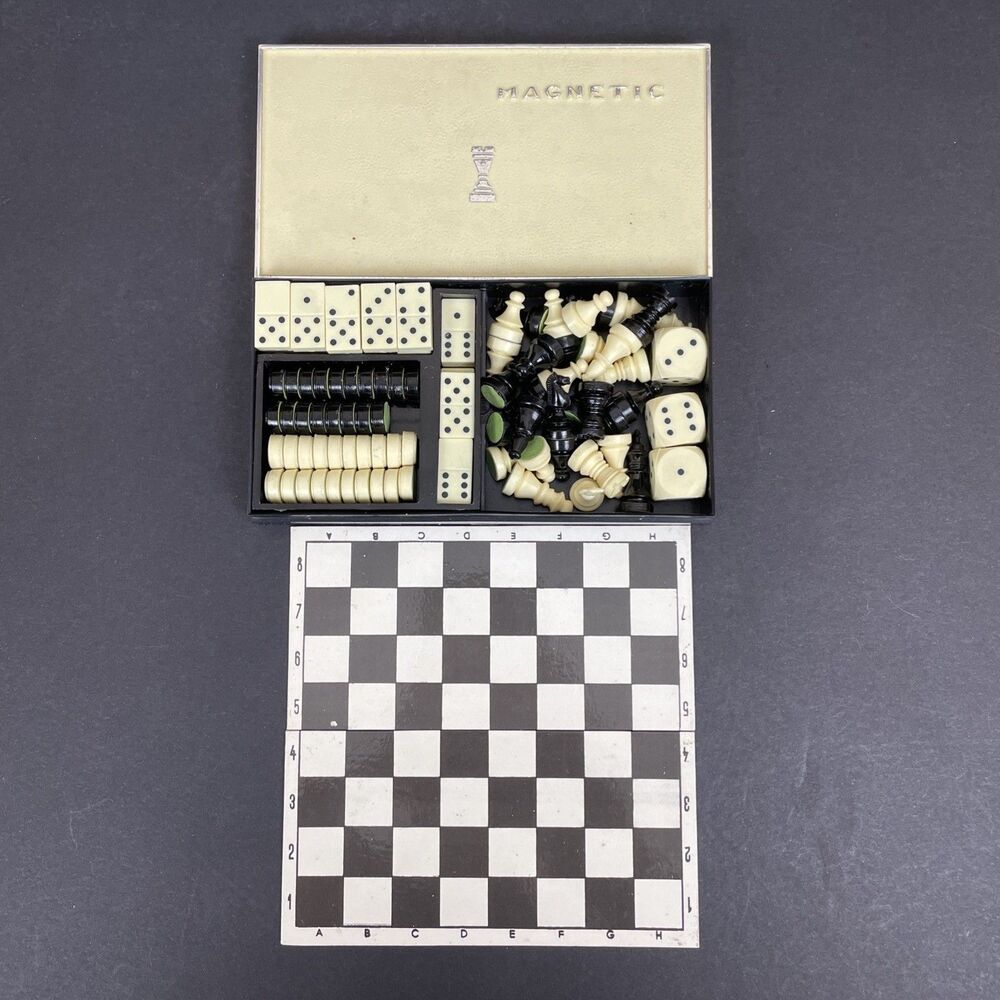 MCM HuK Switzerland Pocket Travel Size Magnetic Chess Checkers Dominoes Set
